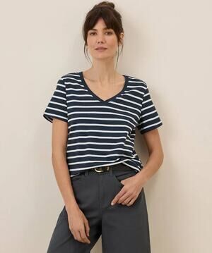 Pact Monterey Stripe Organic Cotton Softspun V-Neck Tee Navy White Size XL NWT